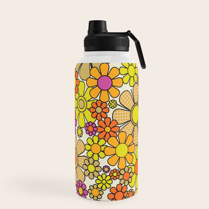 70s Retro Flowers Gingham Floral Pattern Orange Yellow Cream Water Bottle