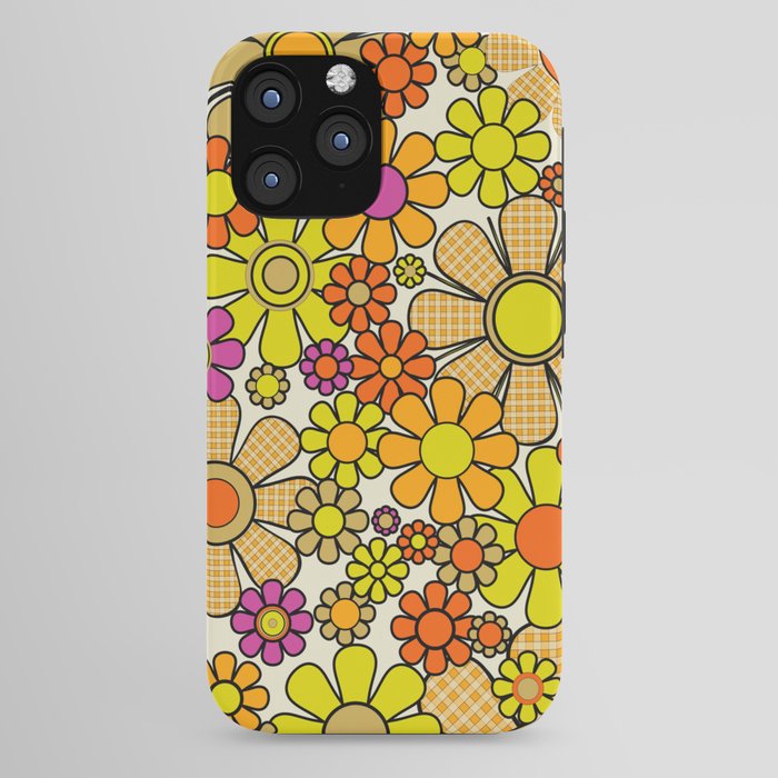 70s Retro Flowers Gingham Floral Pattern Orange Yellow Cream iPhone Case