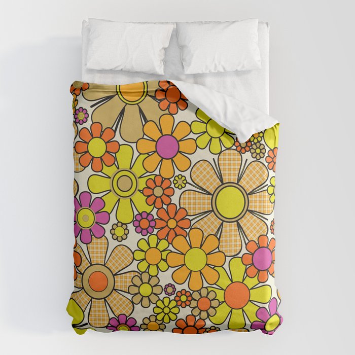 70s Retro Flowers Gingham Floral Pattern Orange Yellow Cream Duvet Cover