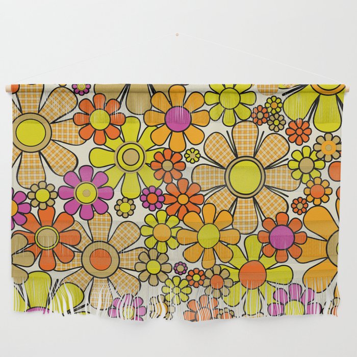 70s Retro Flowers Gingham Floral Pattern Orange Yellow Cream Wall Hanging