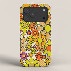 70s Retro Flowers Gingham Floral Pattern Orange Yellow Cream iPhone Case