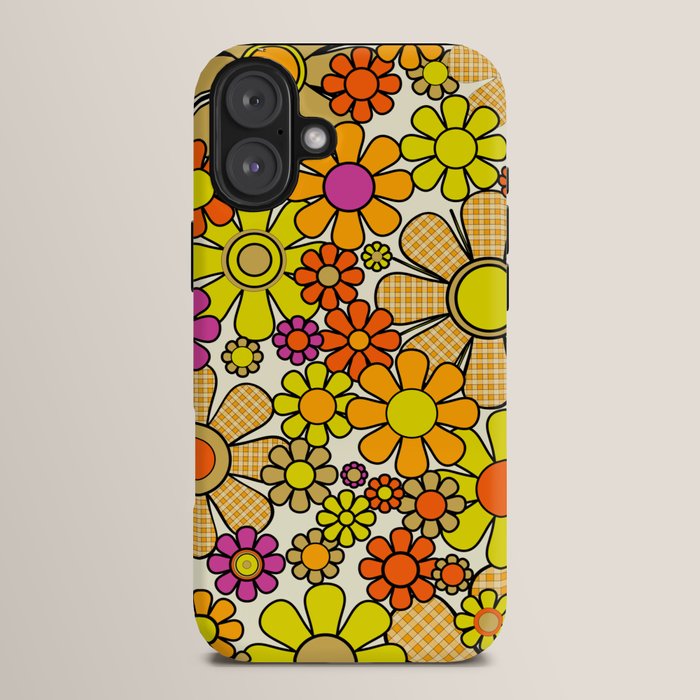 70s Retro Flowers Gingham Floral Pattern Orange Yellow Cream iPhone Case