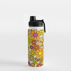 70s Retro Flowers Gingham Floral Pattern Orange Yellow Cream Water Bottle