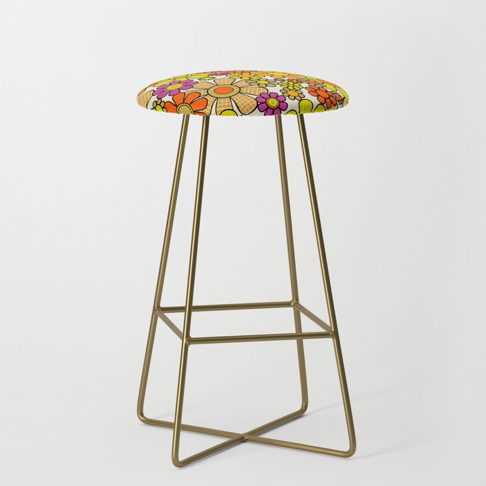 70s Retro Flowers Gingham Floral Pattern Orange Yellow Cream Stool