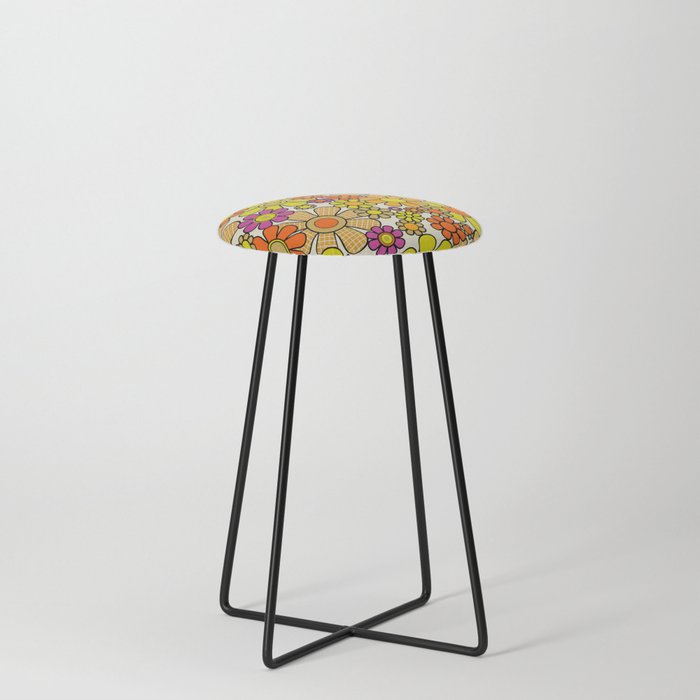 70s Retro Flowers Gingham Floral Pattern Orange Yellow Cream Stool