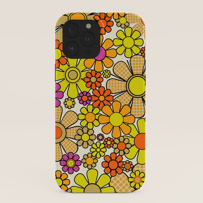 70s Retro Flowers Gingham Floral Pattern Orange Yellow Cream iPhone Case
