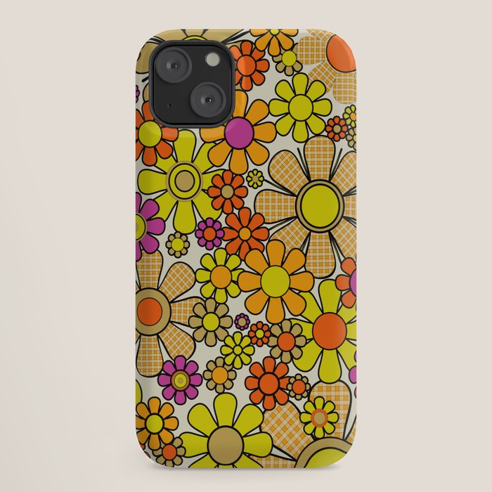 70s Retro Flowers Gingham Floral Pattern Orange Yellow Cream iPhone Case
