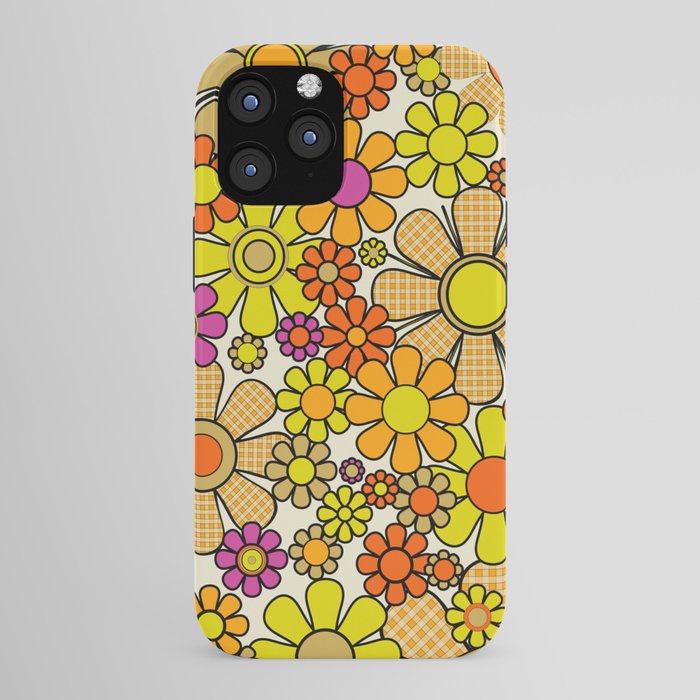 70s Retro Flowers Gingham Floral Pattern Orange Yellow Cream iPhone Case