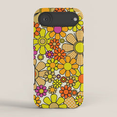 70s Retro Flowers Gingham Floral Pattern Orange Yellow Cream iPhone Case