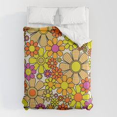 70s Retro Flowers Gingham Floral Pattern Orange Yellow Cream Duvet Cover