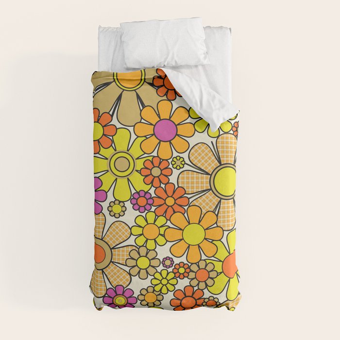 70s Retro Flowers Gingham Floral Pattern Orange Yellow Cream Duvet Cover
