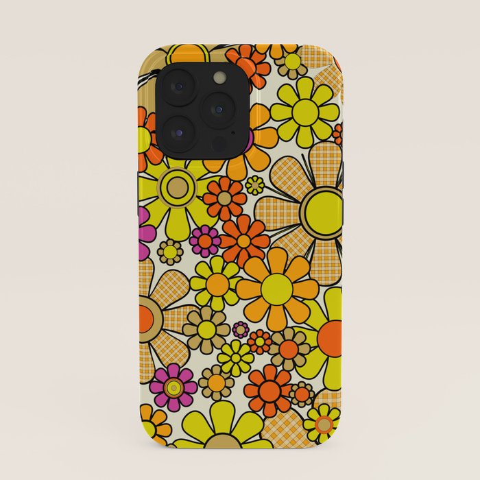 70s Retro Flowers Gingham Floral Pattern Orange Yellow Cream iPhone Case