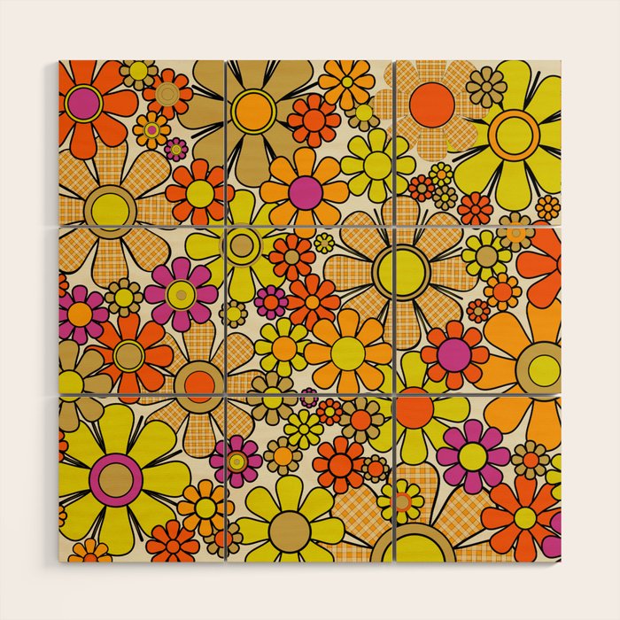 70s Retro Flowers Gingham Floral Pattern Orange Yellow Cream Wood Wall Art