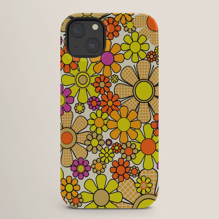 70s Retro Flowers Gingham Floral Pattern Orange Yellow Cream iPhone Case