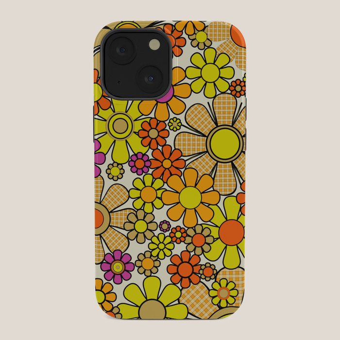 70s Retro Flowers Gingham Floral Pattern Orange Yellow Cream iPhone Case