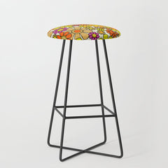 70s Retro Flowers Gingham Floral Pattern Orange Yellow Cream Stool