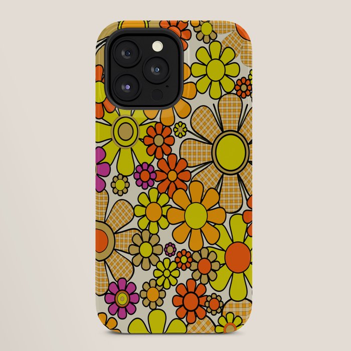 70s Retro Flowers Gingham Floral Pattern Orange Yellow Cream iPhone Case