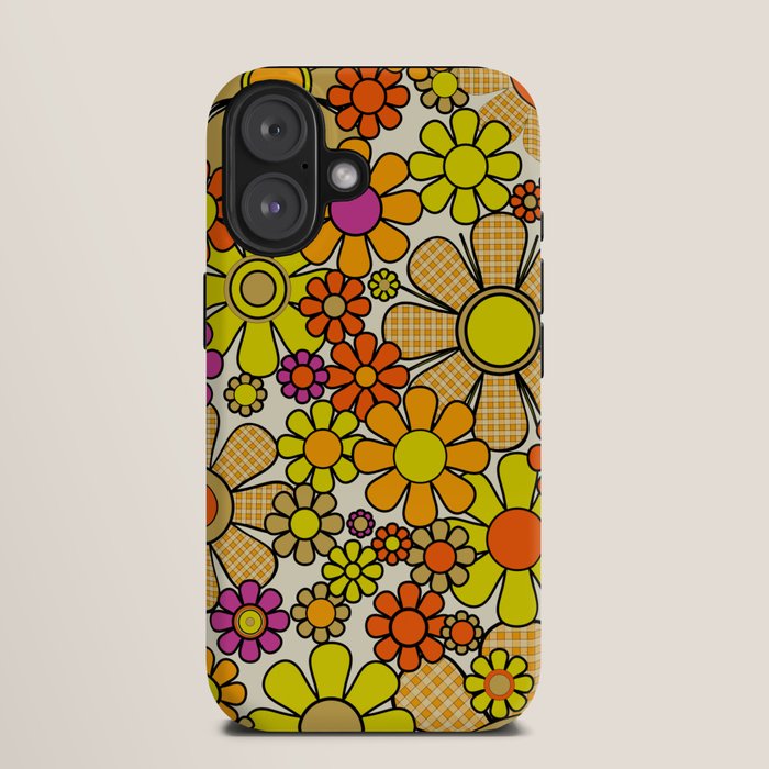 70s Retro Flowers Gingham Floral Pattern Orange Yellow Cream iPhone Case