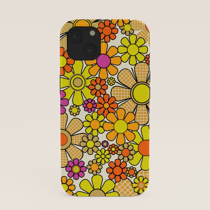 70s Retro Flowers Gingham Floral Pattern Orange Yellow Cream iPhone Case