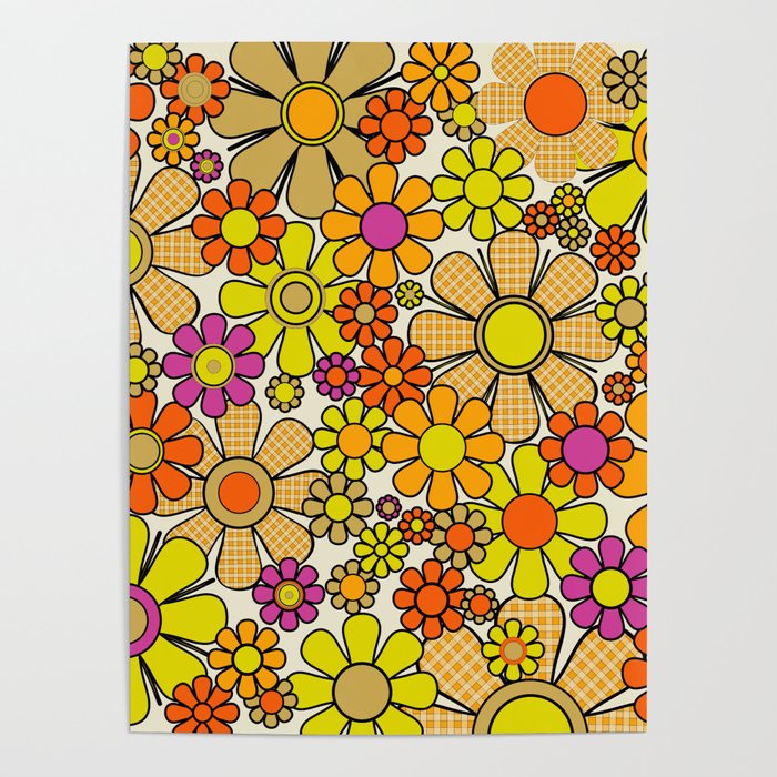 70s Retro Flowers Gingham Floral Pattern Orange Yellow Cream Poster