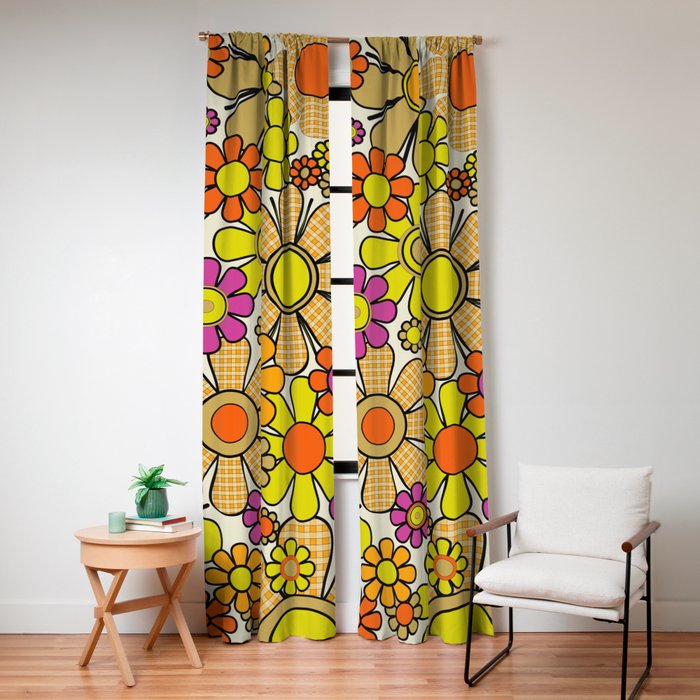 70s Retro Flowers Gingham Floral Pattern Orange Yellow Cream Window Curtain
