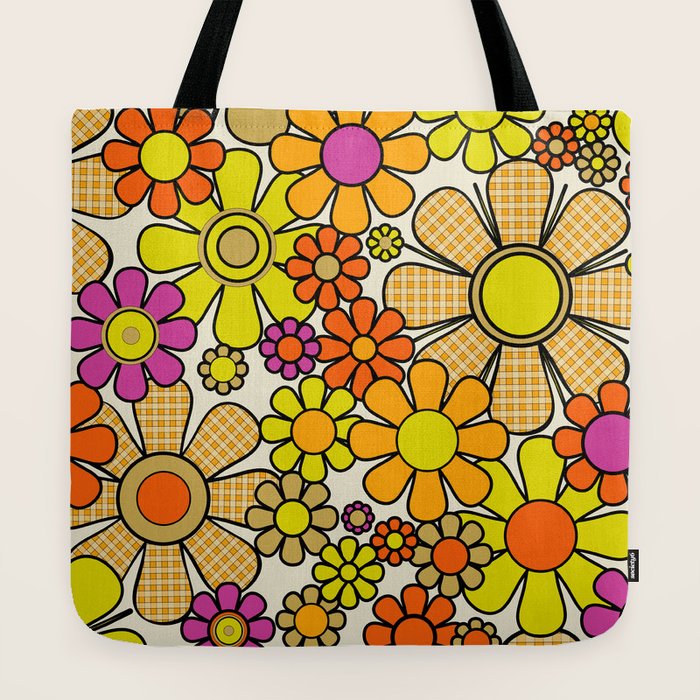 70s Retro Flowers Gingham Floral Pattern Orange Yellow Cream Tote Bag
