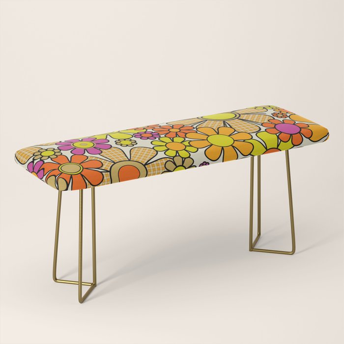 70s Retro Flowers Gingham Floral Pattern Orange Yellow Cream Bench