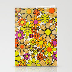 70s Retro Flowers Gingham Floral Pattern Orange Yellow Cream Stationery Card