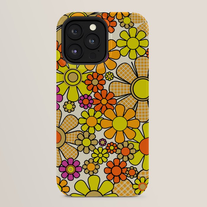 70s Retro Flowers Gingham Floral Pattern Orange Yellow Cream iPhone Case