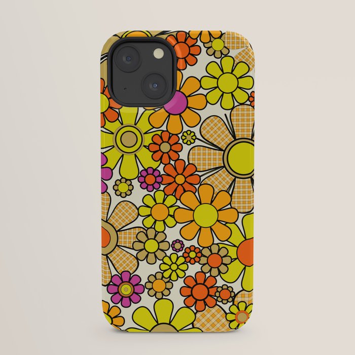 70s Retro Flowers Gingham Floral Pattern Orange Yellow Cream iPhone Case