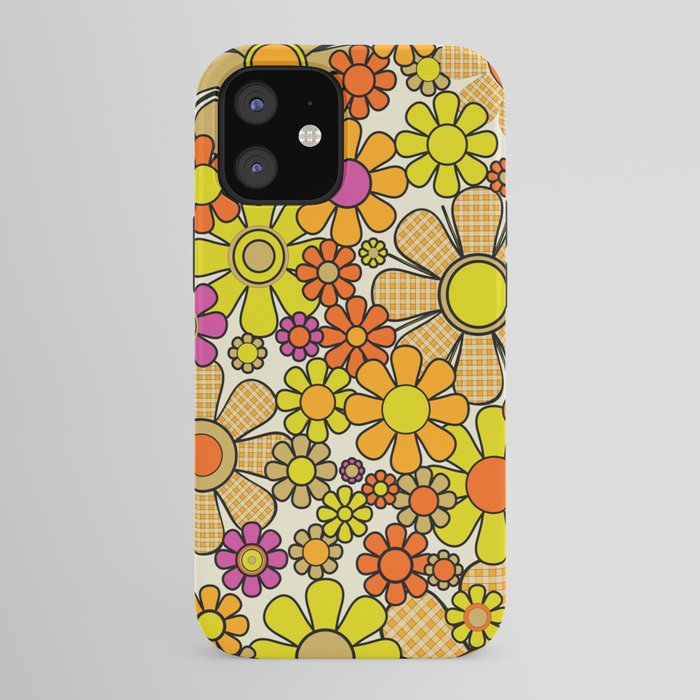 70s Retro Flowers Gingham Floral Pattern Orange Yellow Cream iPhone Case