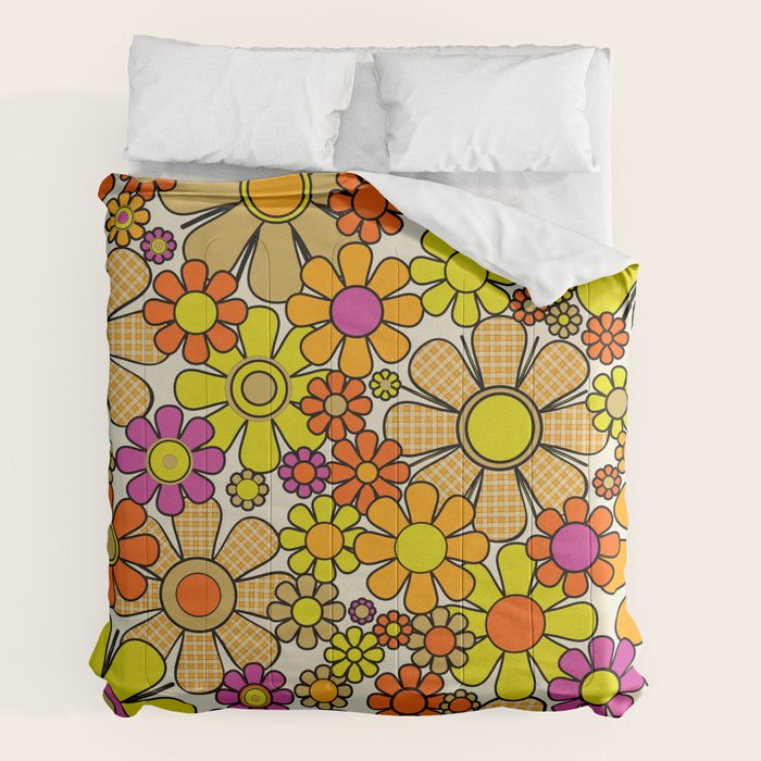 70s Retro Flowers Gingham Floral Pattern Orange Yellow Cream Comforter