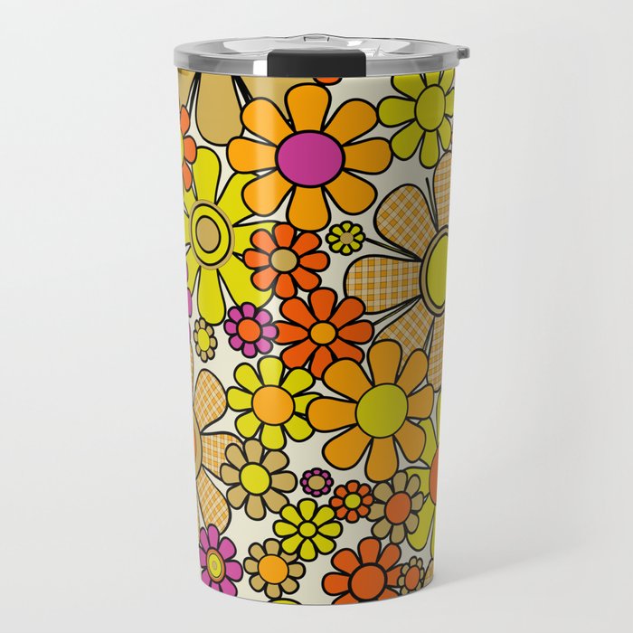 70s Retro Flowers Gingham Floral Pattern Orange Yellow Cream Travel Mug
