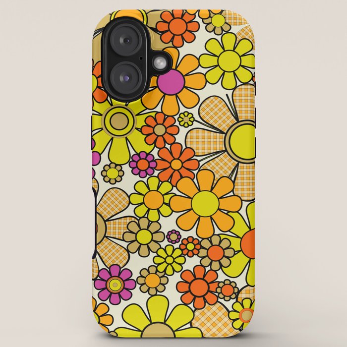 70s Retro Flowers Gingham Floral Pattern Orange Yellow Cream iPhone Case