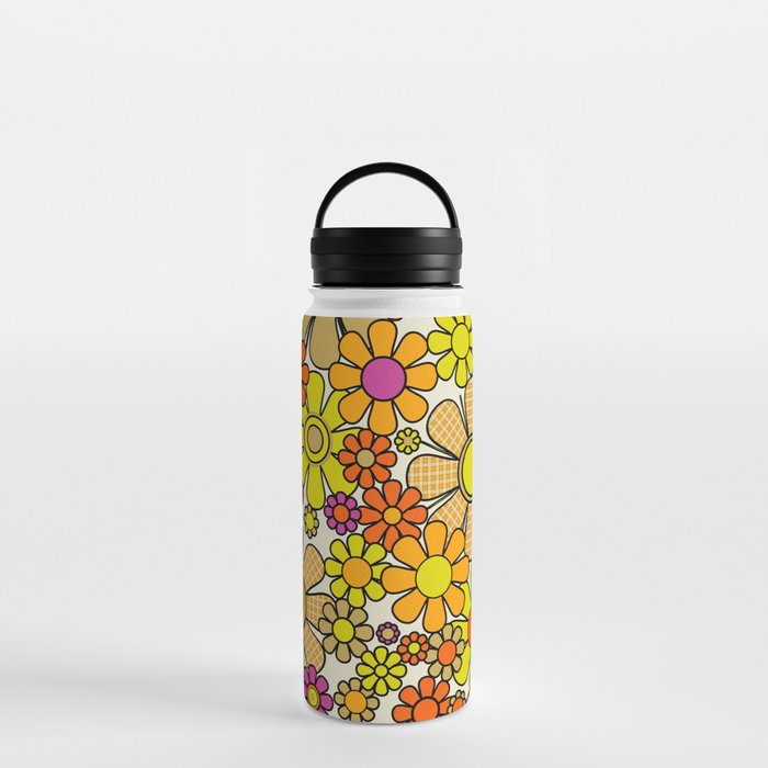 70s Retro Flowers Gingham Floral Pattern Orange Yellow Cream Water Bottle