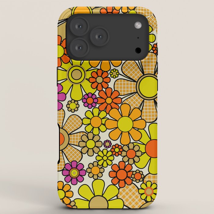 70s Retro Flowers Gingham Floral Pattern Orange Yellow Cream iPhone Case