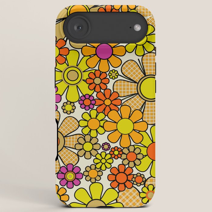 70s Retro Flowers Gingham Floral Pattern Orange Yellow Cream iPhone Case