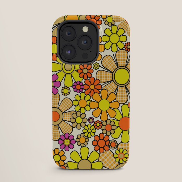70s Retro Flowers Gingham Floral Pattern Orange Yellow Cream iPhone Case