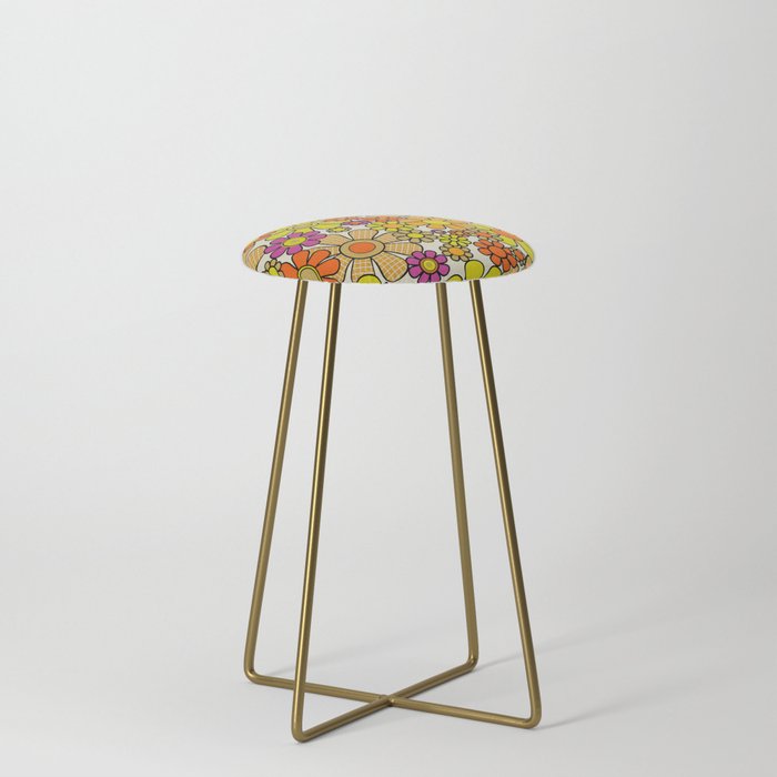 70s Retro Flowers Gingham Floral Pattern Orange Yellow Cream Stool