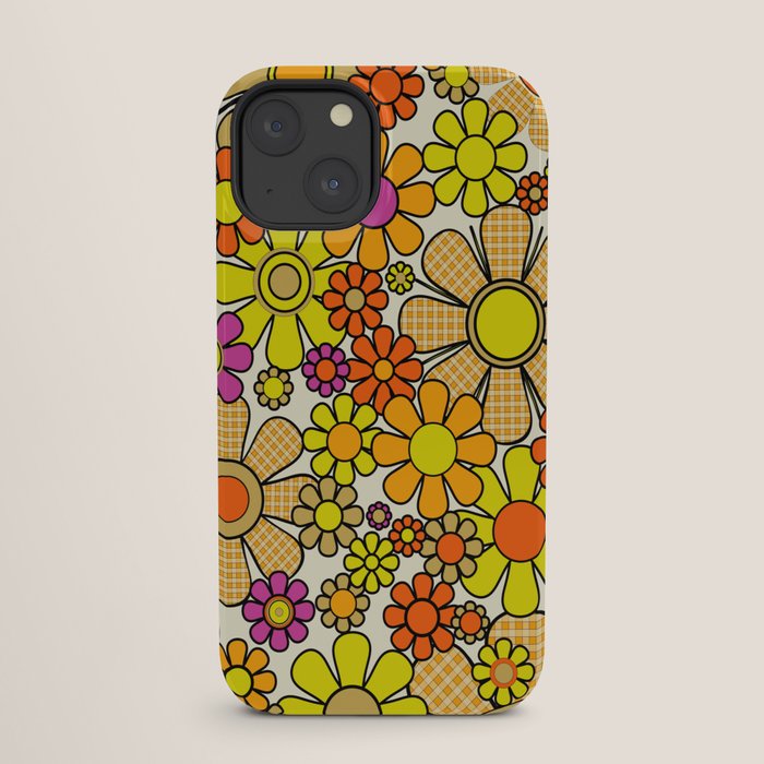 70s Retro Flowers Gingham Floral Pattern Orange Yellow Cream iPhone Case