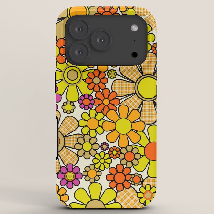 70s Retro Flowers Gingham Floral Pattern Orange Yellow Cream iPhone Case
