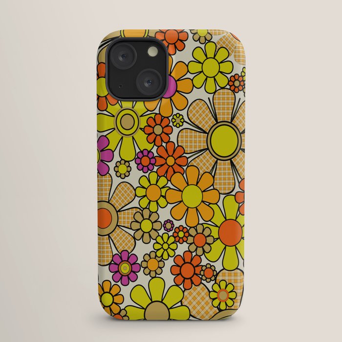 70s Retro Flowers Gingham Floral Pattern Orange Yellow Cream iPhone Case