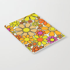 70s Retro Flowers Gingham Floral Pattern Orange Yellow Cream Notebook