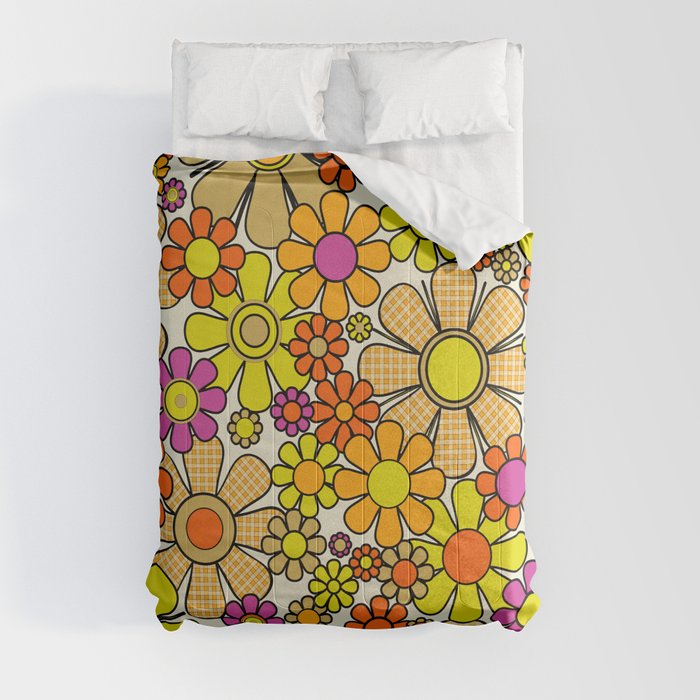 70s Retro Flowers Gingham Floral Pattern Orange Yellow Cream Comforter