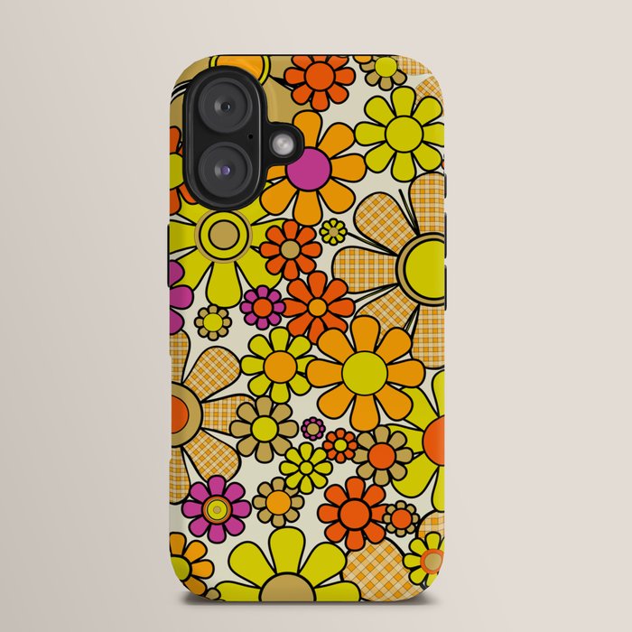 70s Retro Flowers Gingham Floral Pattern Orange Yellow Cream iPhone Case