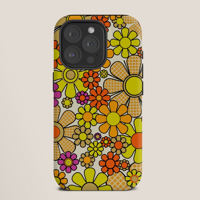 70s Retro Flowers Gingham Floral Pattern Orange Yellow Cream iPhone Case