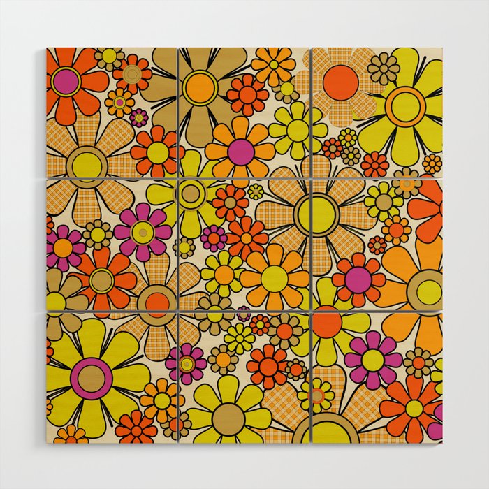 70s Retro Flowers Gingham Floral Pattern Orange Yellow Cream Wood Wall Art