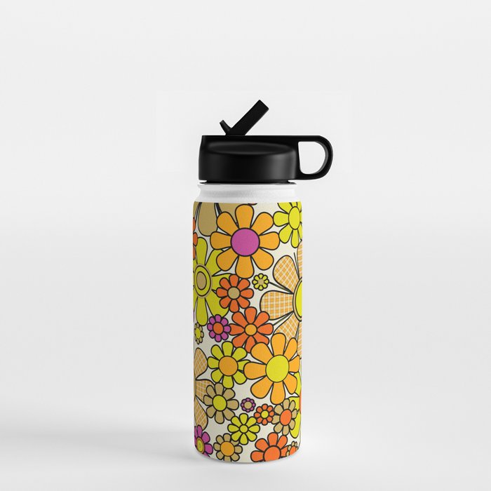 70s Retro Flowers Gingham Floral Pattern Orange Yellow Cream Water Bottle