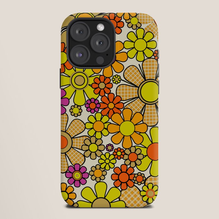 70s Retro Flowers Gingham Floral Pattern Orange Yellow Cream iPhone Case