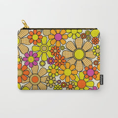 70s Retro Flowers Gingham Floral Pattern Orange Yellow Cream Carry All Pouch